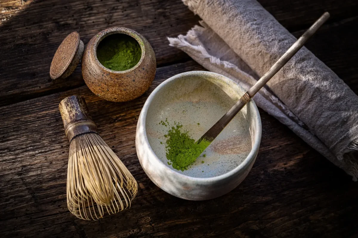 Préparation traditionnelle du thé matcha avec un bol en céramique, un fouet en bambou (chasen) et de la poudre de matcha sur une table en bois.